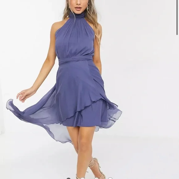 knee length dresses for ladies Layered Ruffle Halter Dress With Decorative Neckline Flower - Black main image 0